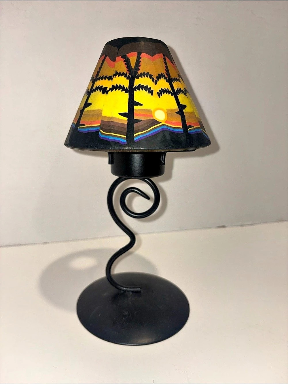 Vintage Postmodern Black Metal Spiral Tea Light Candle Lamp with Palm Tree Sunse